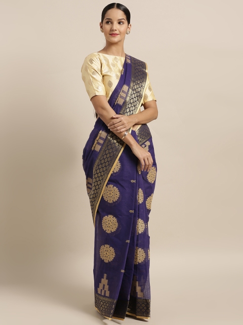 

Mitera Navy Blue & Beige Pure Cotton Woven Design Taant Saree