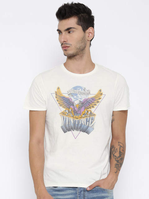 

Jack & Jones Men Off-White Printed Round Neck T-shirt