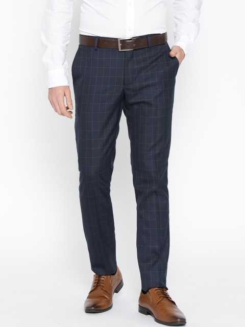 

Blackberrys Men Navy Blue Sharp Slim Fit Checked Formal Trousers