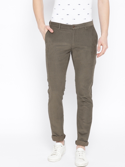 

Blackberrys Men Olive Green Sharp Slim Fit Self Design Regular Trousers