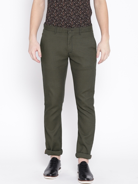 

Blackberrys Men Olive Green Sharp Fit Self-Checked Trousers
