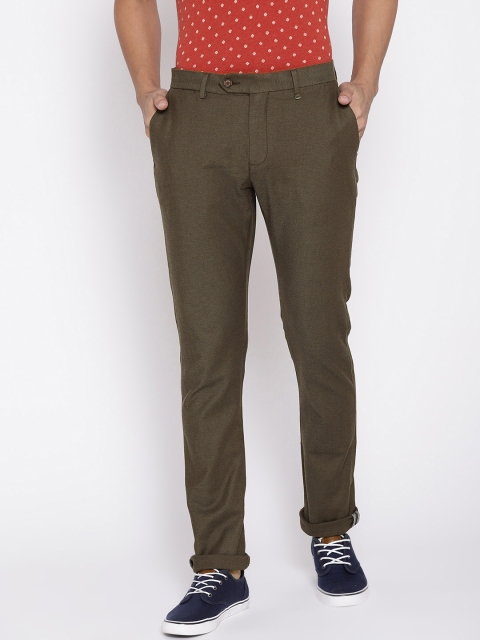 

Blackberrys Men Olive Green & Black Sharp Regular Fit Self Design Trousers