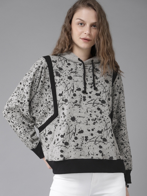 

Roadster Women Grey Melange & Black Printed Hooded Sweatshirt