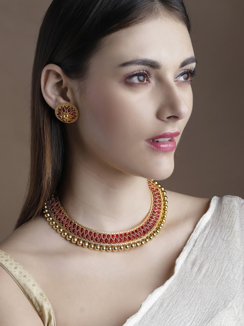 

Rubans Women Gold-Toned & Red Handcrafted Faux Ruby Studded Jewellery Set