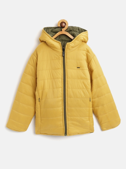 

Okane Boys Mustard Yellow & Olive Green Solid Hooded Reversible Puffer Jacket