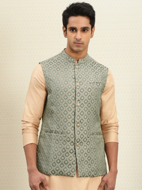 

House of Pataudi Men Green & Beige Embroidered Nehru Jacket
