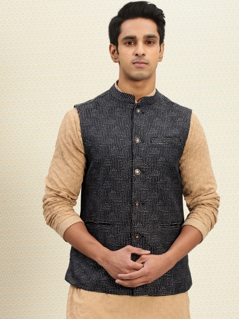 

House of Pataudi Men Black & Off-White Embroidered Nehru Jacket