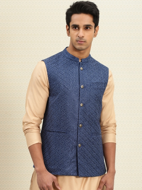 

House of Pataudi Men Navy Blue Embroidered Nehru Jacket