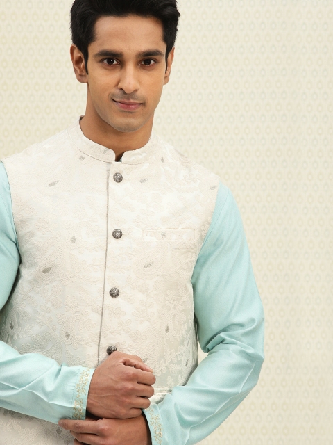 

House of Pataudi Men Off-White Embroidered Nehru Jacket