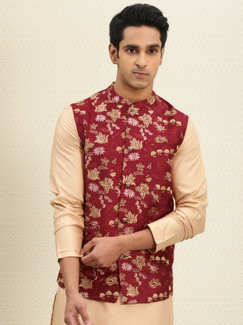 

House of Pataudi Men Maroon & Beige Embroidered Nehru Jacket