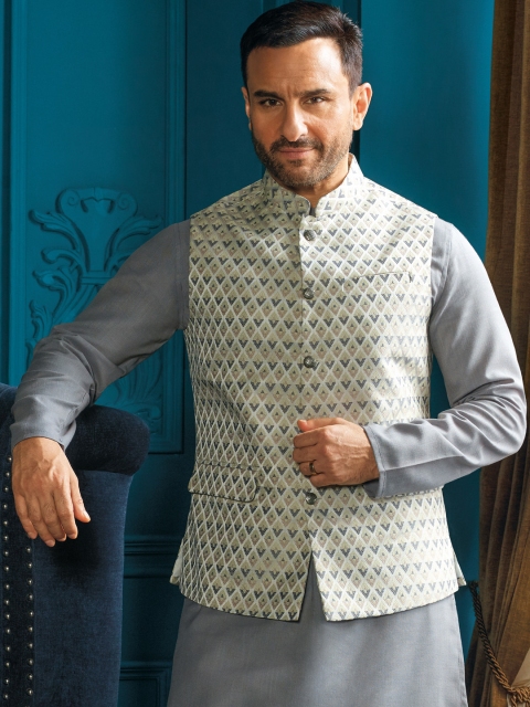 

House of Pataudi Men Off-White & Grey Embroidered Nehru Jacket