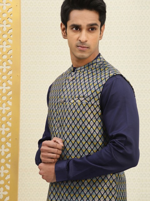 

House of Pataudi Men Navy Blue & Yellow Embroidered Nehru Jacket