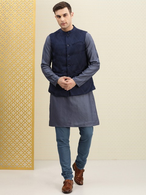 

House of Pataudi Men Blue Self Design Kurta With Churidar & Nehru Jacket