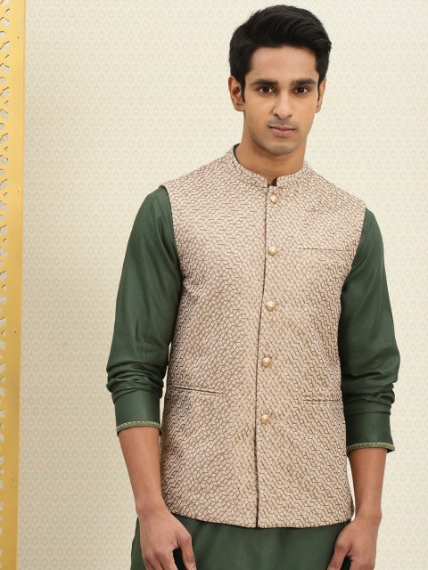 

House of Pataudi Men Beige & Brown Embroidered Nehru Jacket