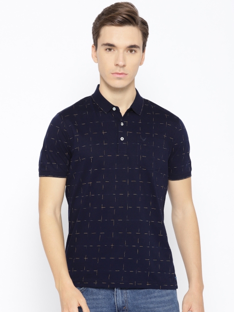 

Blackberrys Men Navy Blue Mercerised Cotton Self-Checked Polo Collar T-shirt