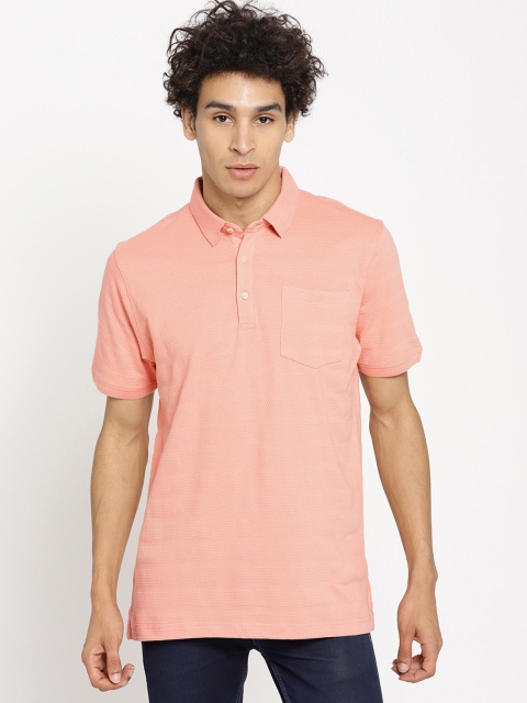 

Blackberrys Men Peach-Coloured Self-Striped Polo Collar T-shirt