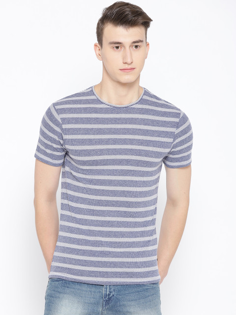 

Blackberrys Men Navy & Off-White Striped Round Neck T-shirt, Navy blue