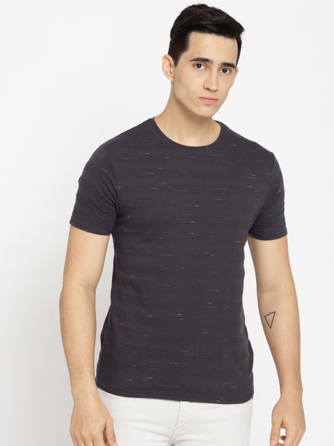 

Blackberrys Men Charcoal Grey Self-Striped Round Neck T-shirt