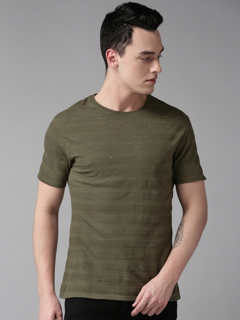 

Blackberrys Men Olive Green Self-Striped Slim Fit Round Neck T-shirt