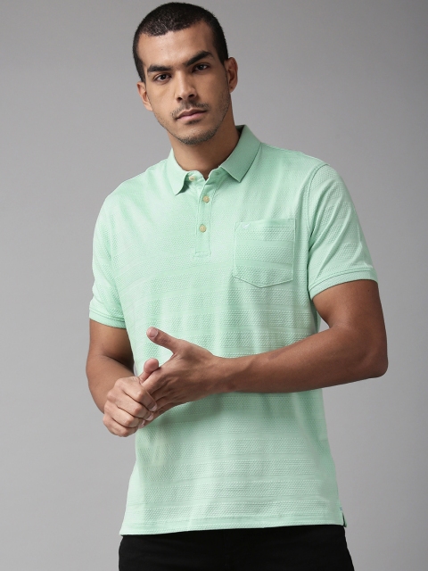 

Blackberrys Men Green Self Striped Polo Collar T-shirt