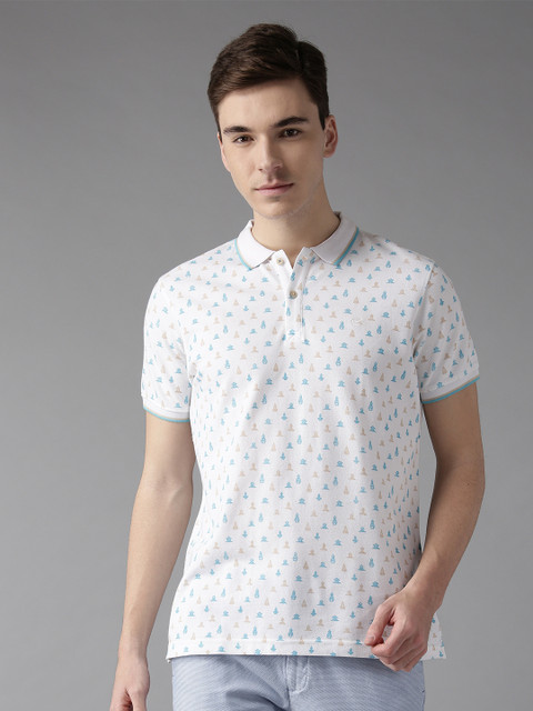 

Blackberrys Men White Blue Printed Polo Collar Pure Cotton T-shirt