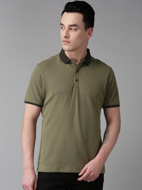 

Blackberrys Men Olive Green Black Self Design Polo Collar Pure Cotton T-shirt