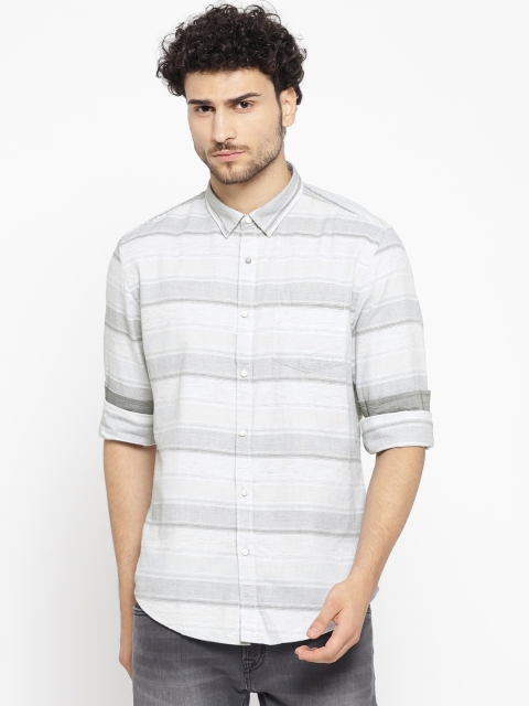 

Blackberrys Men Grey & White Slim Fit Striped Casual Shirt