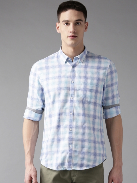 

Blackberrys Men White & Blue Slim Fit Checked Casual Shirt