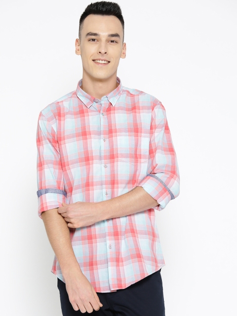 

Blackberrys Men Blue & Coral Pink Slim Fit Checked Casual Shirt