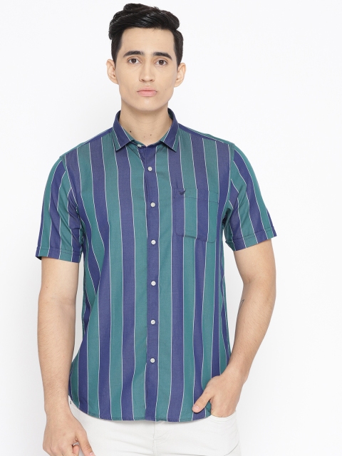 

Blackberrys Men Navy Blue & Green Slim Fit Striped Casual Shirt