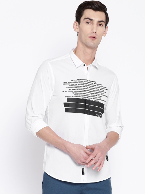 

Blackberrys Men Off-White & Black Trim Fit Printed Knitted Casual Shirt