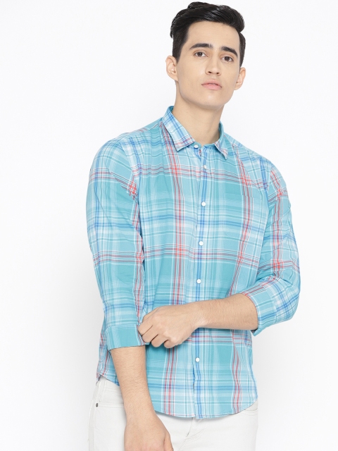 

Blackberrys Men Blue & Peach-Coloured Slim Fit Checked Casual Shirt