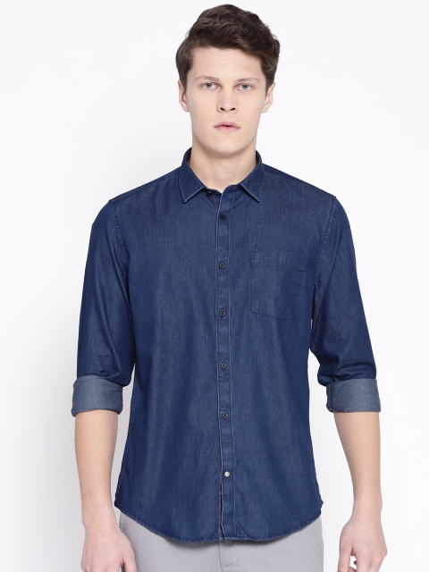 

Blackberrys Men Navy Blue Chambray Trim Slim Fit Solid Casual Shirt