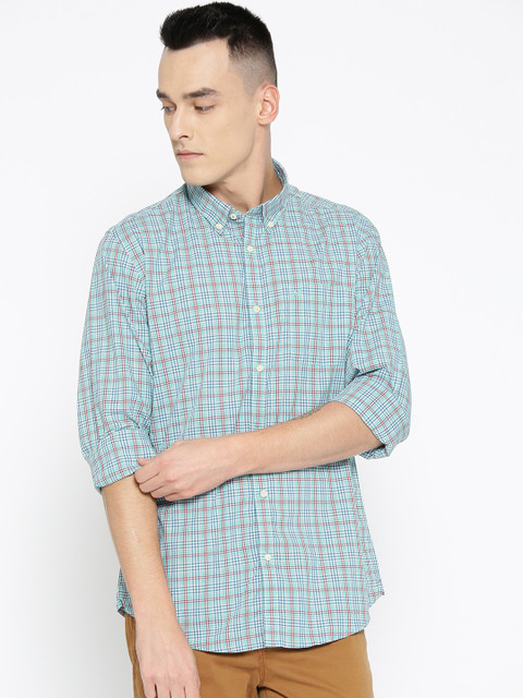

Blackberrys Men Sea Green & Red Slim Fit Checked Casual Shirt