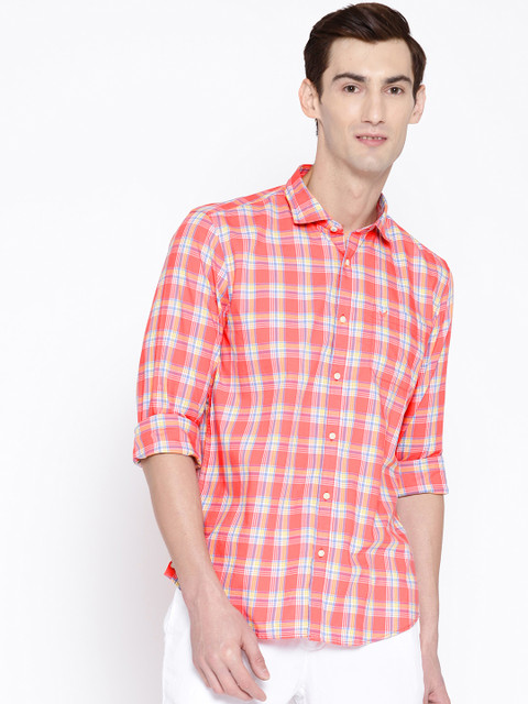 

Blackberrys Men Coral Red & Yellow Slim Fit Checked Casual Shirt