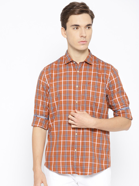

Blackberrys Men Rust Brown & Blue Slim Fit Checked Casual Shirt