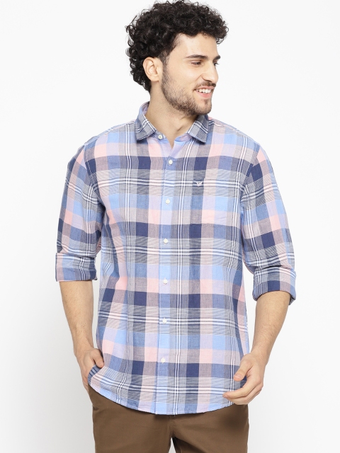 

Blackberrys Men Pink & Blue Slim Fit Checked Casual Shirt