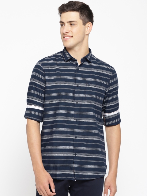 

Blackberrys Men Navy Blue & White Slim Fit Striped Casual Shirt