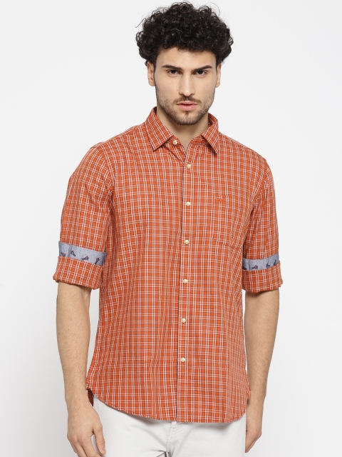 

Blackberrys Men Rust Orange & Off-White Slim Fit Checked Casual Shirt