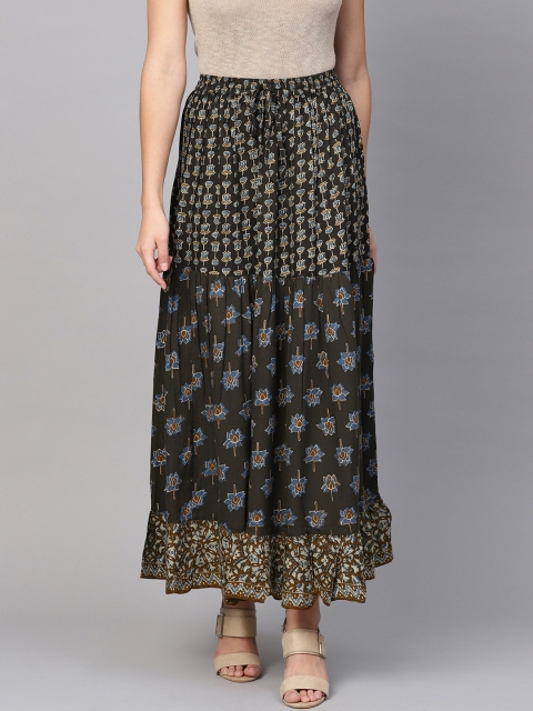 

Anayna Women Olive Green & Blue Printed Flared Maxi Skirt