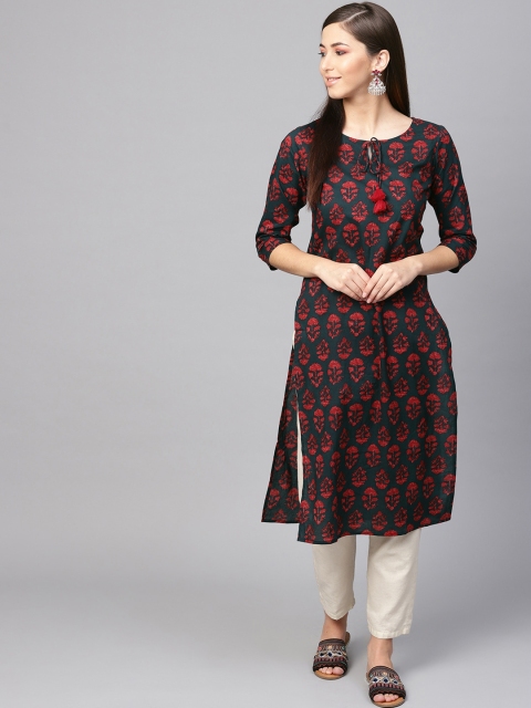 

anayna Women Green & Maroon Printed Straight Kurta