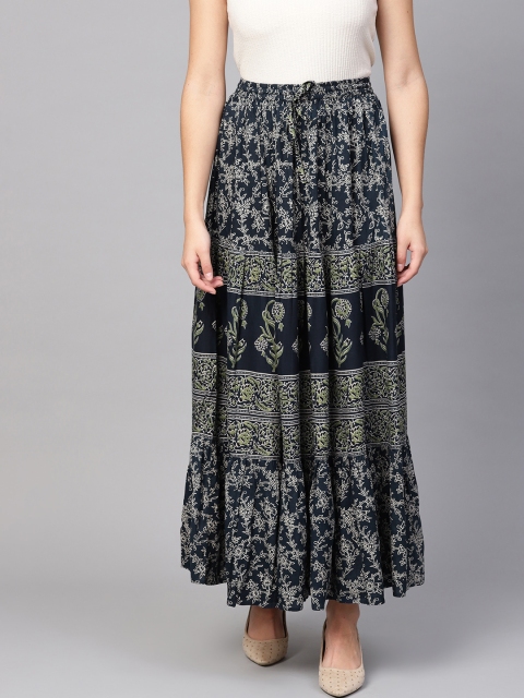 

anayna Women Navy Blue & Beige Printed Flared Maxi Skirt