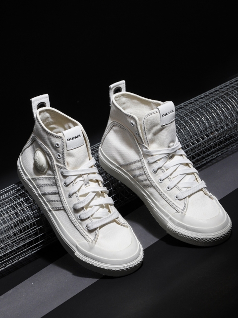 

DIESEL Men White Solid Textile Mid-Top Sneakers