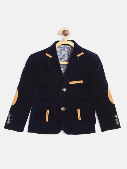 

Nauti Nati Boys Navy Blue Solid Velvet Finish Single-Breasted Partywear Blazer