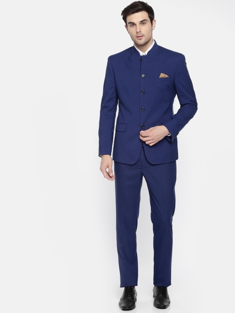 

SUITLTD Men Navy Blue Solid Slim Fit Single-Breasted Bandhgala Suit