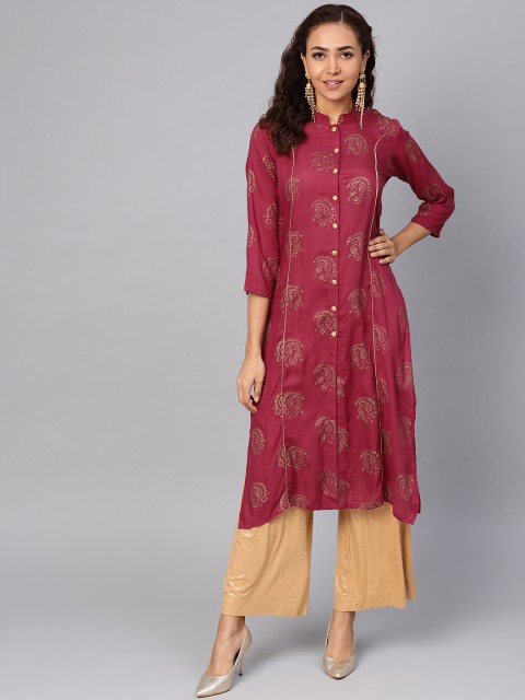 

Jompers Women Maroon & Golden Printed Straight Kurta