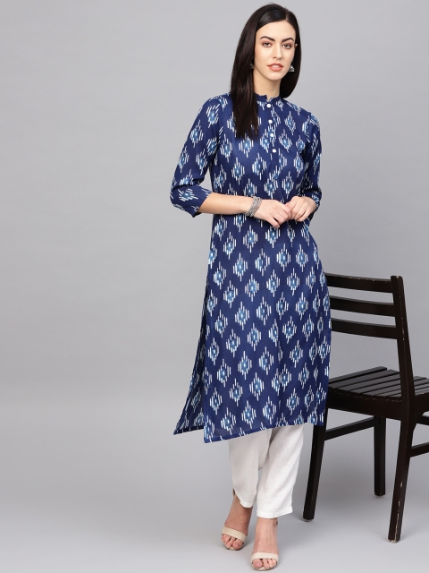 

Jompers Women Blue & Off-White Printed Straight Kurta