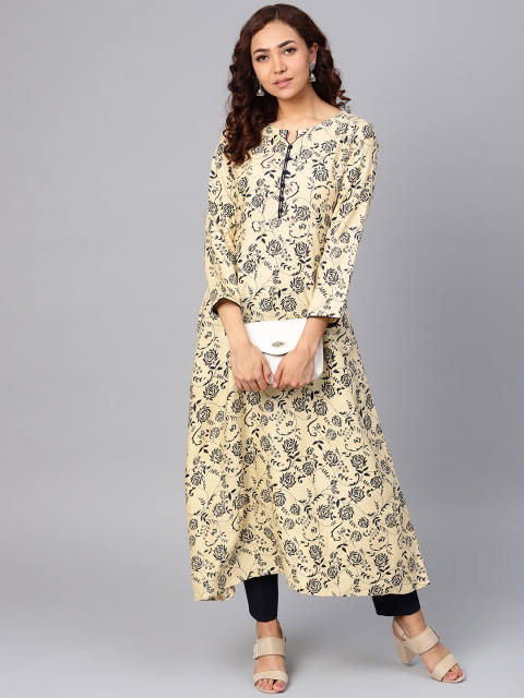 

Jompers Women Cream-Coloured & Navy Blue Floral Print A-Line Kurta