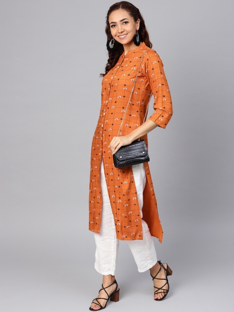 

Jompers Women Orange & Black Floral Printed Straight Kurta