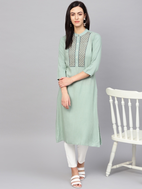 

Jompers Women Green Yoke Design Straight Kurta